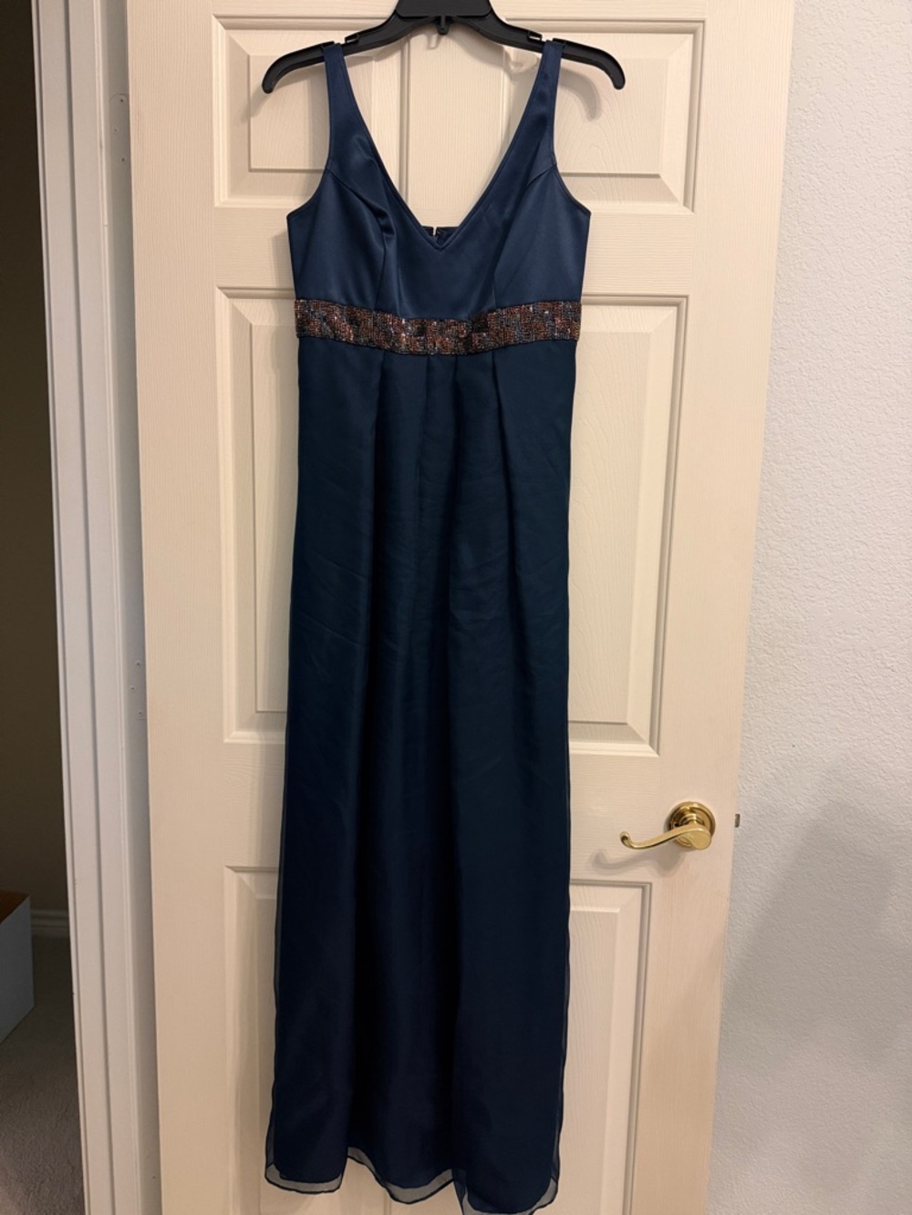 Women's Navy Blue Beaded High Waist Evening Gown
